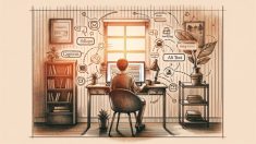 WP 画像 キャプション SEOを意識したブログ編集画面と落ち着いた作業机のイラスト