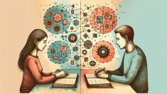 プロンプト 英語 vs 日本語 精度を比較検討する二人の人物、ノートを見比べるイラスト