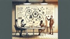 ビジネス会議でAI ファクトチェックの役割分担を話し合う担当者たち