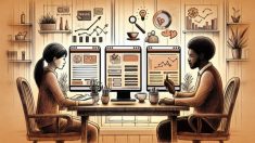 AI 翻訳 SEOの精度と限界を比較検討する二人の担当者が机で議論する様子