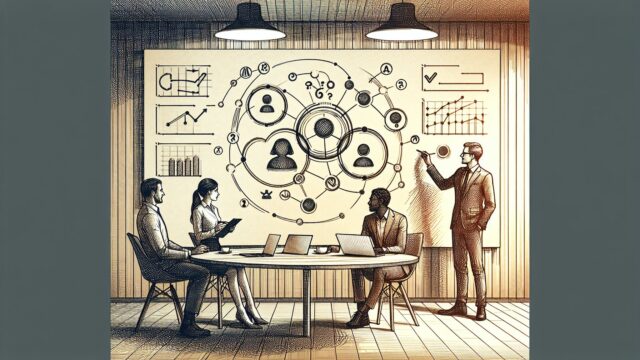 ビジネス会議でAI ファクトチェックの役割分担を話し合う担当者たち