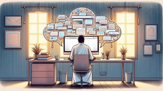 検索エンジン AI 化 影響で分散した情報が統合される様子を示すイラスト