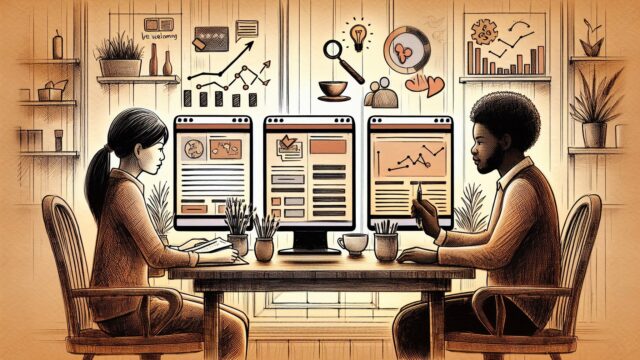 AI 翻訳 SEOの精度と限界を比較検討する二人の担当者が机で議論する様子