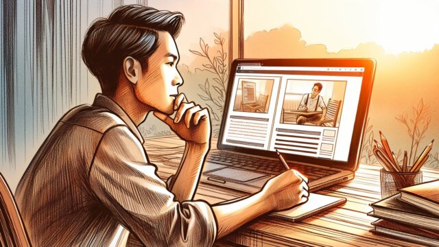 落ち着いた作業机でWordPress アイキャッチ 作成 コツを比較検討する様子