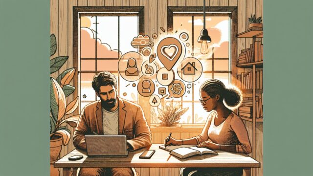 AI と人間の共同執筆 SEO、机で協力しながら執筆する二人とE-E-A-Tを象徴するイラスト