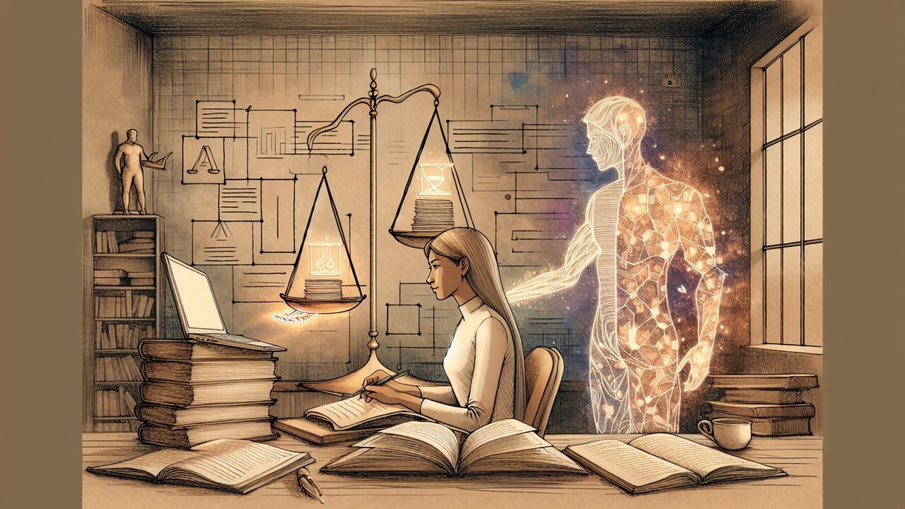 AI 記事 著作権のグレーゾーンで、人の創造的判断がAI生成コンテンツを導く様子