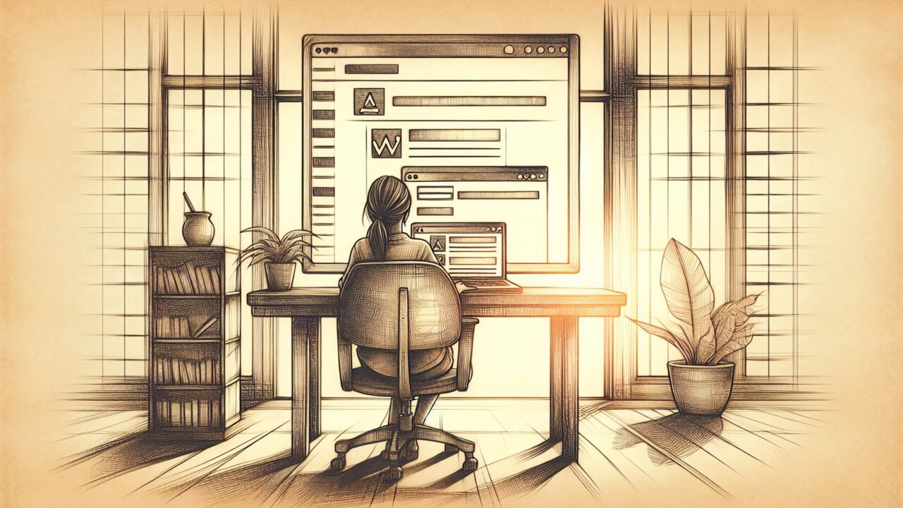 WP メタディスクリプション 入力場所を示すデスクワーク風の手描きイラスト