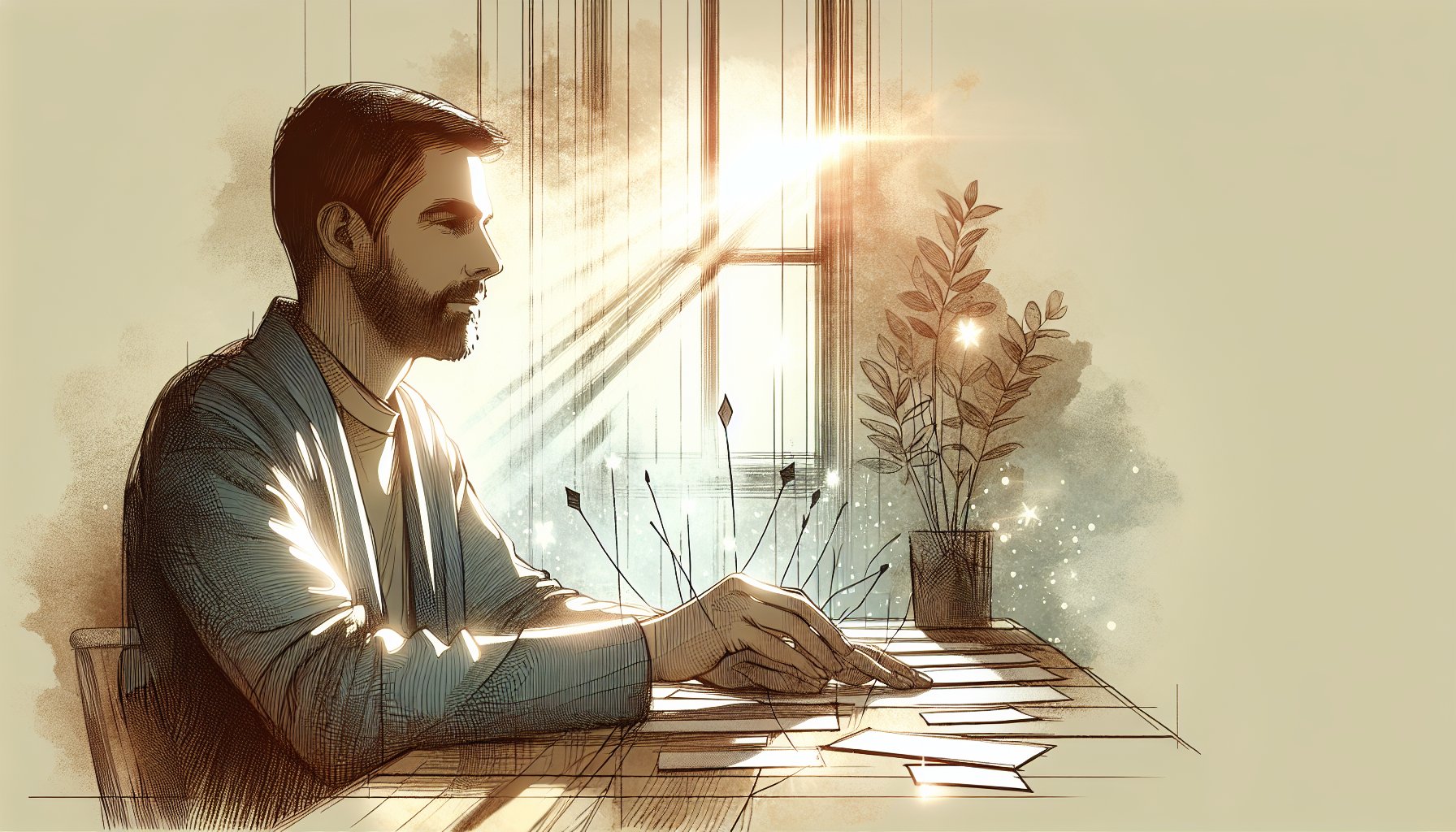 穏やかな作業机で紙を分解整理する人、プロンプト 長文 制限を意識した分割発想を表現