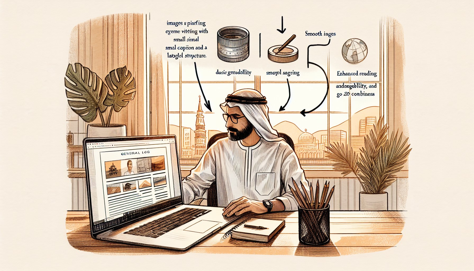 WordPressの画面でWP 画像 キャプション SEOを意識した配置と可読性向上を示すイラスト