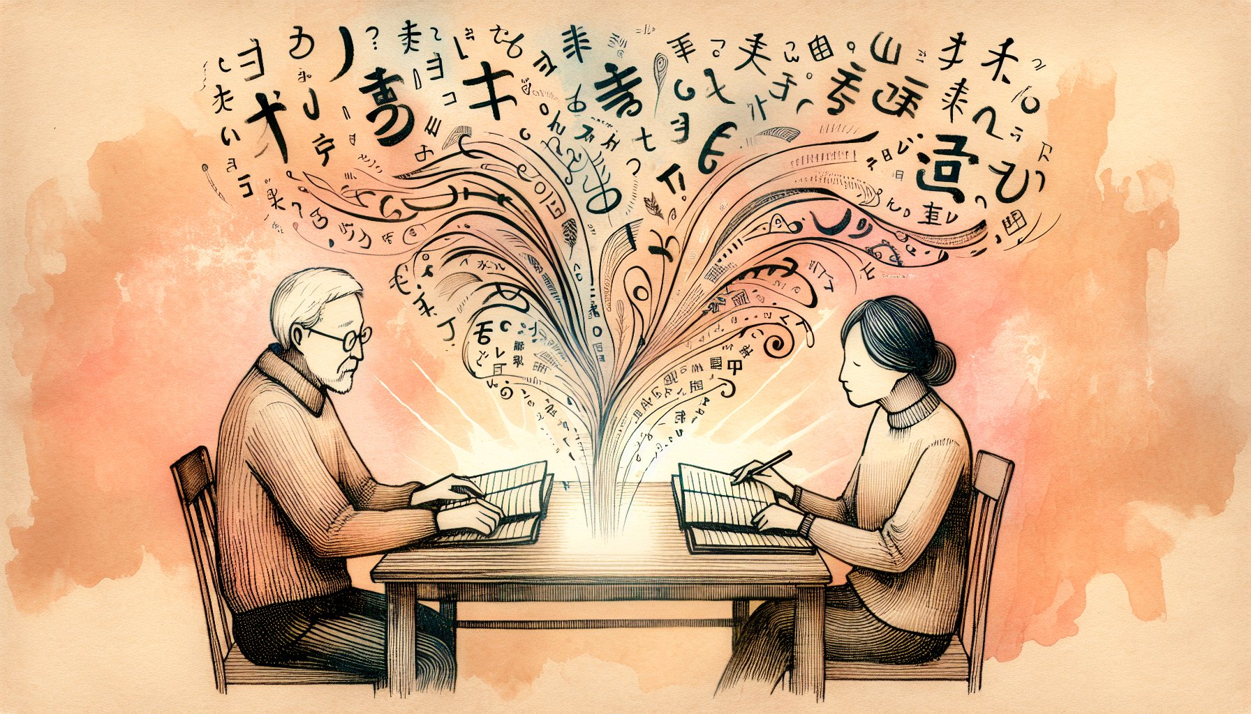 木のデスクでノートを見比べる二人、プロンプト 英語 vs 日本語 精度の違いと統合を象徴