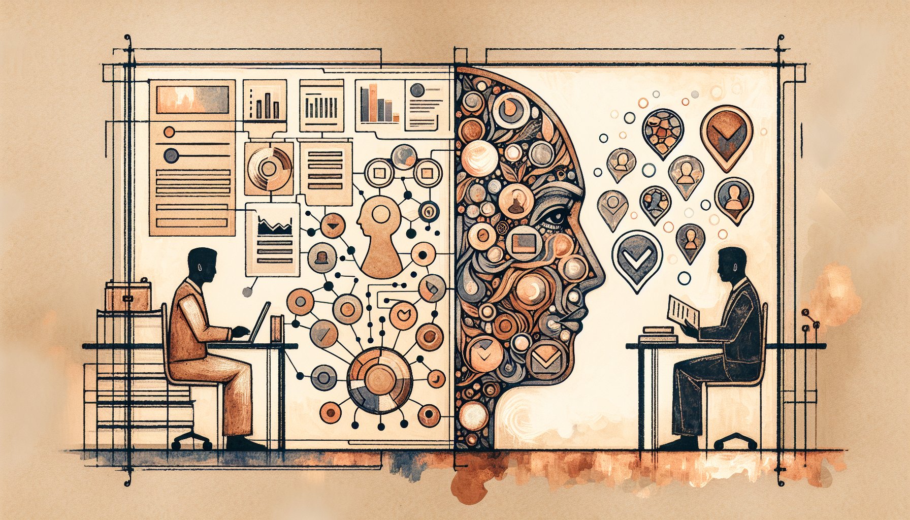 AI ファクトチェックでのデータ検証と人の文脈判断の役割分担を対比したイラスト