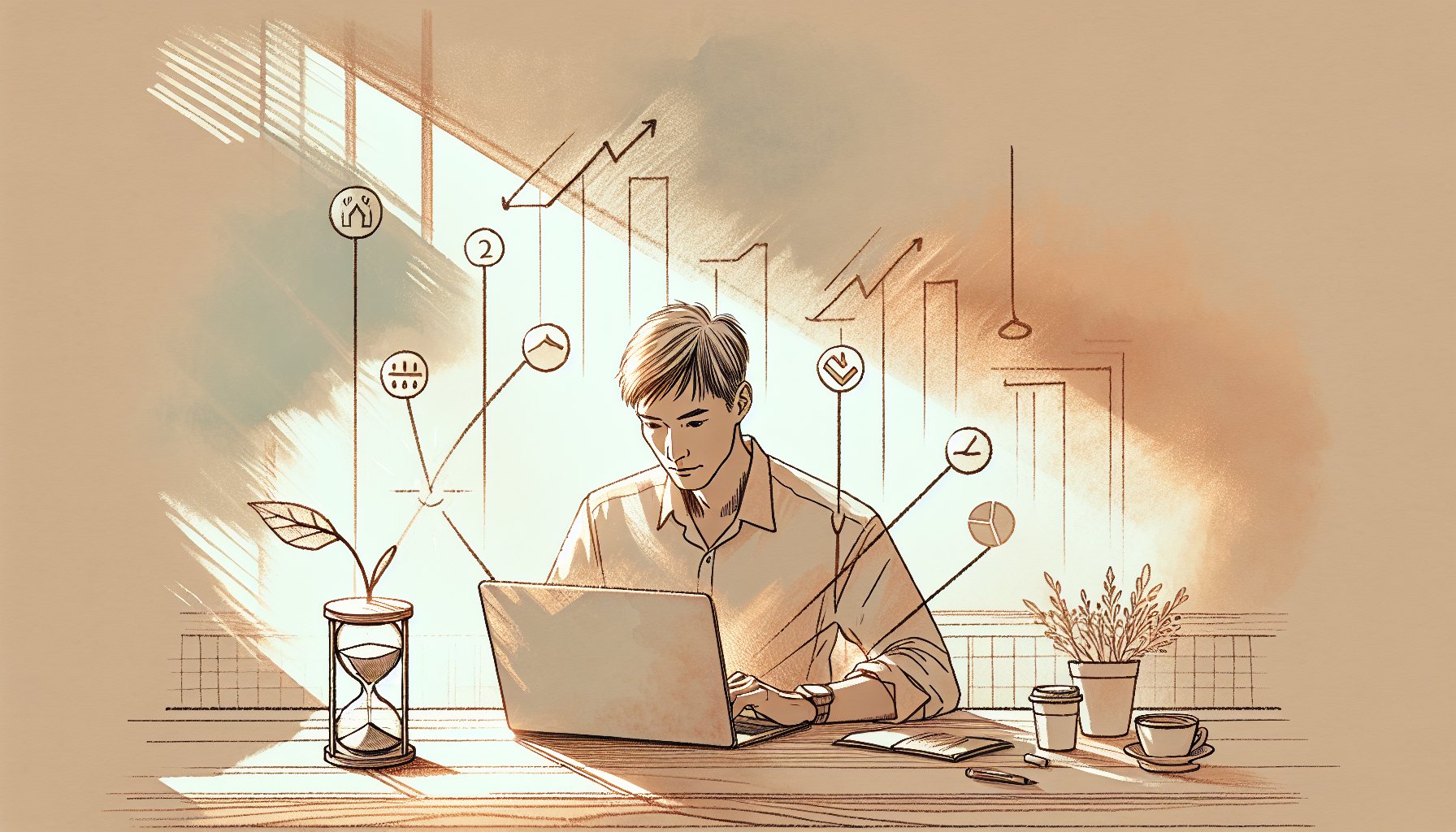 WordPress 執筆 スピードアップを象徴する静かな作業机、時間と質のバランスを意識した執筆風景