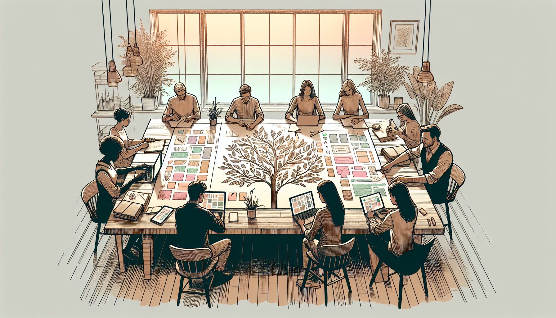 WP 記事構成案 貼り付けをめぐるチーム共有と個人の創造性のバランスを象徴するイラスト