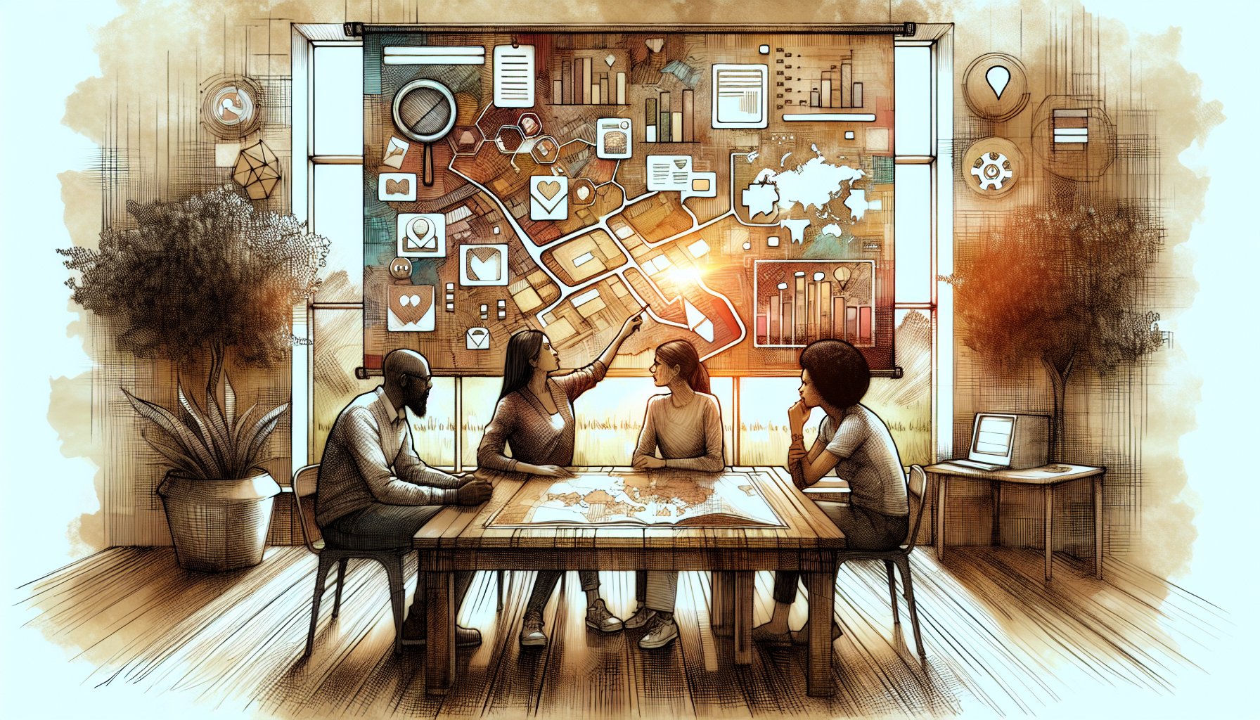中小ビジネスが協力して地図と図表を見直す様子で描くSGE（検索エンジンへのAI導入）対策