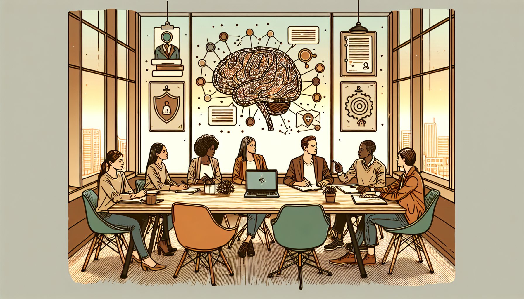 AI 記事 著作権をテーマに、オフィスで法律リスクと活用法を議論するビジネスパーソン