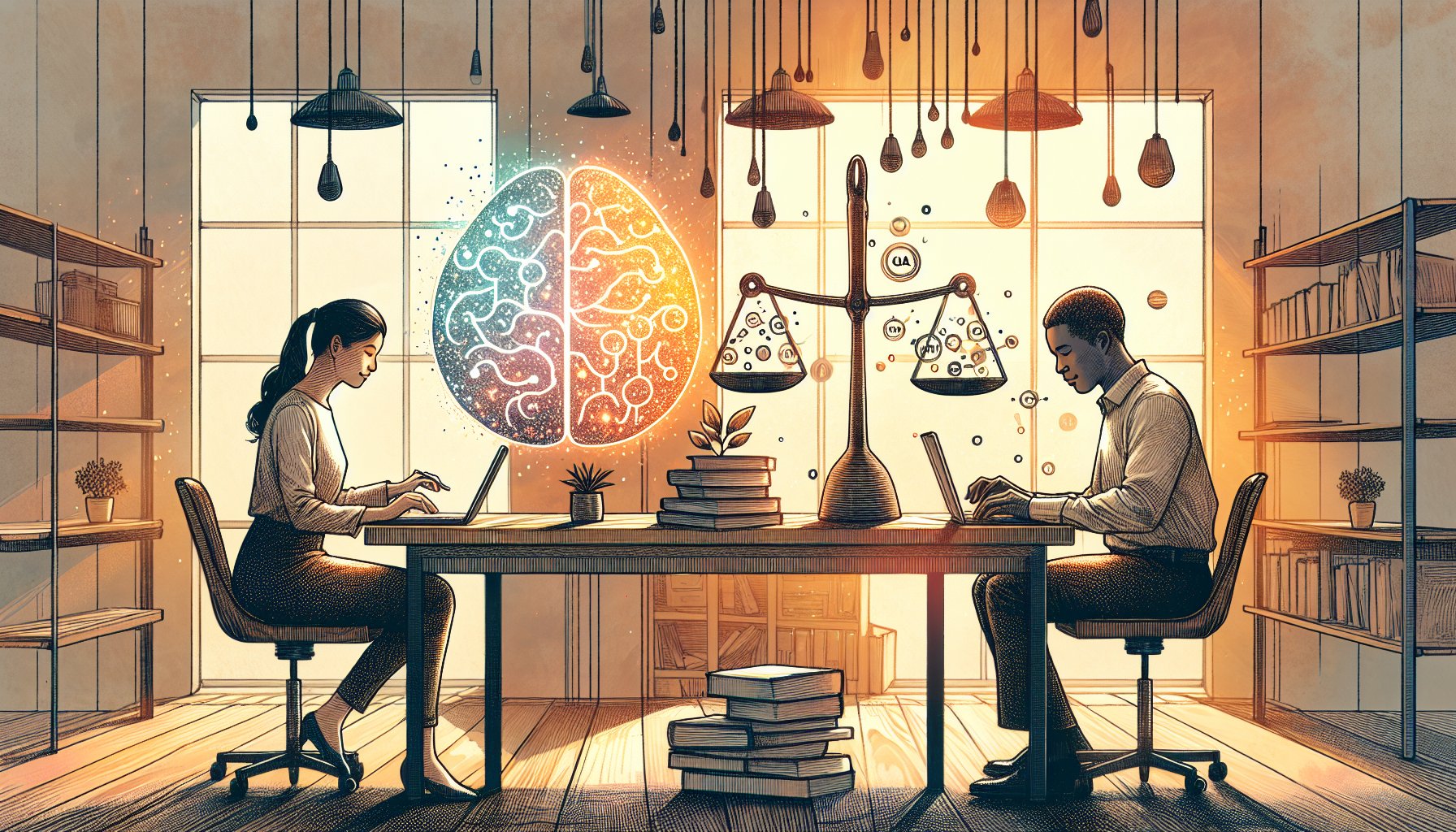 AI 記事 著作権のバランスを象徴する天秤と執筆・確認作業の様子