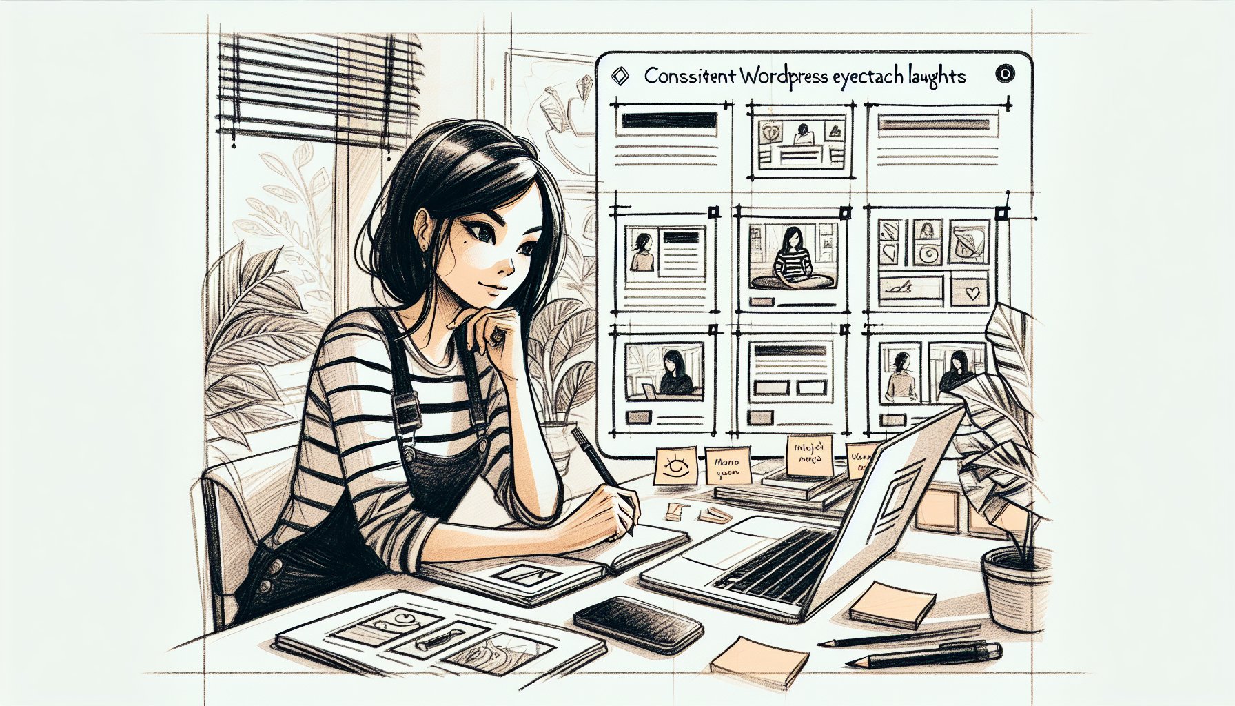 WordPress アイキャッチ 作成 コツを意識し構図とレイアウト案を練るデスク周りの手描きイラスト