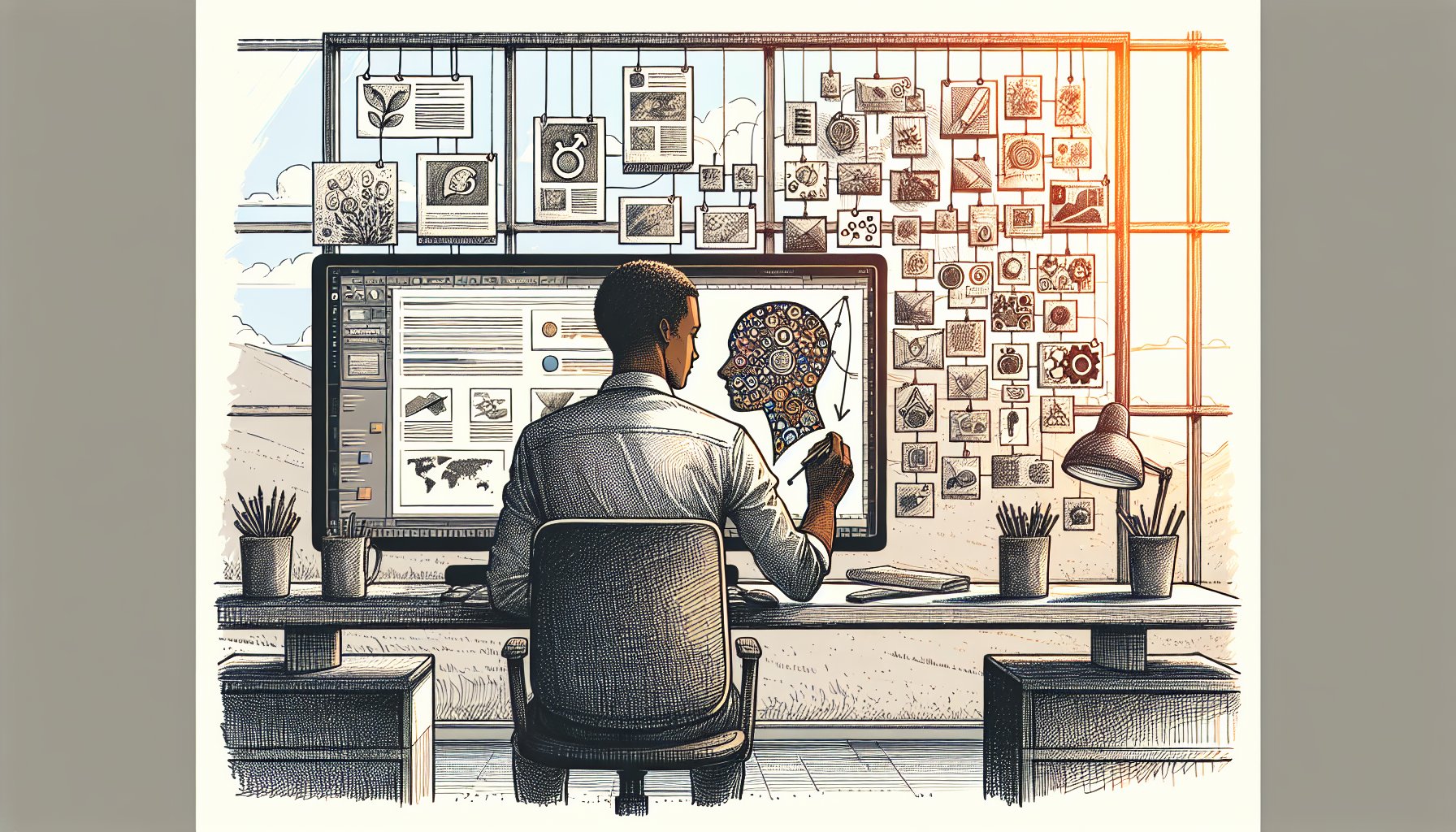 AI画像とテンプレートを併用しつつWordPress アイキャッチ 作成 コツを検討する作業机