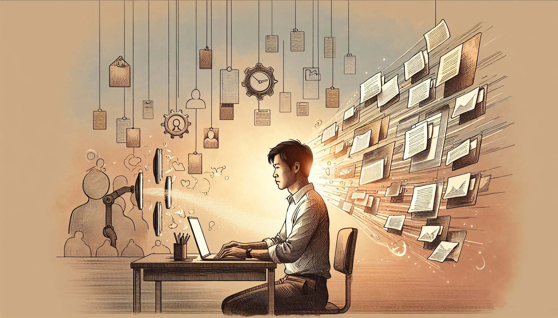 自動投稿 ブログの時代に、人が画面を見ながら記事内容を確認・整理する様子