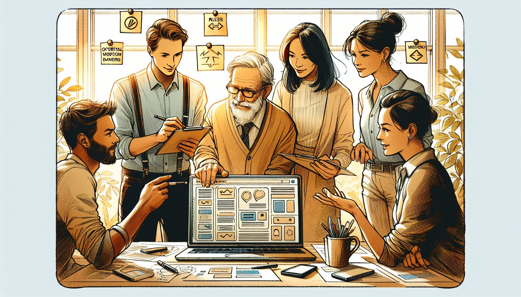 オフィスでチームがWP メタディスクリプション 入力場所と運用ルールを相談する様子