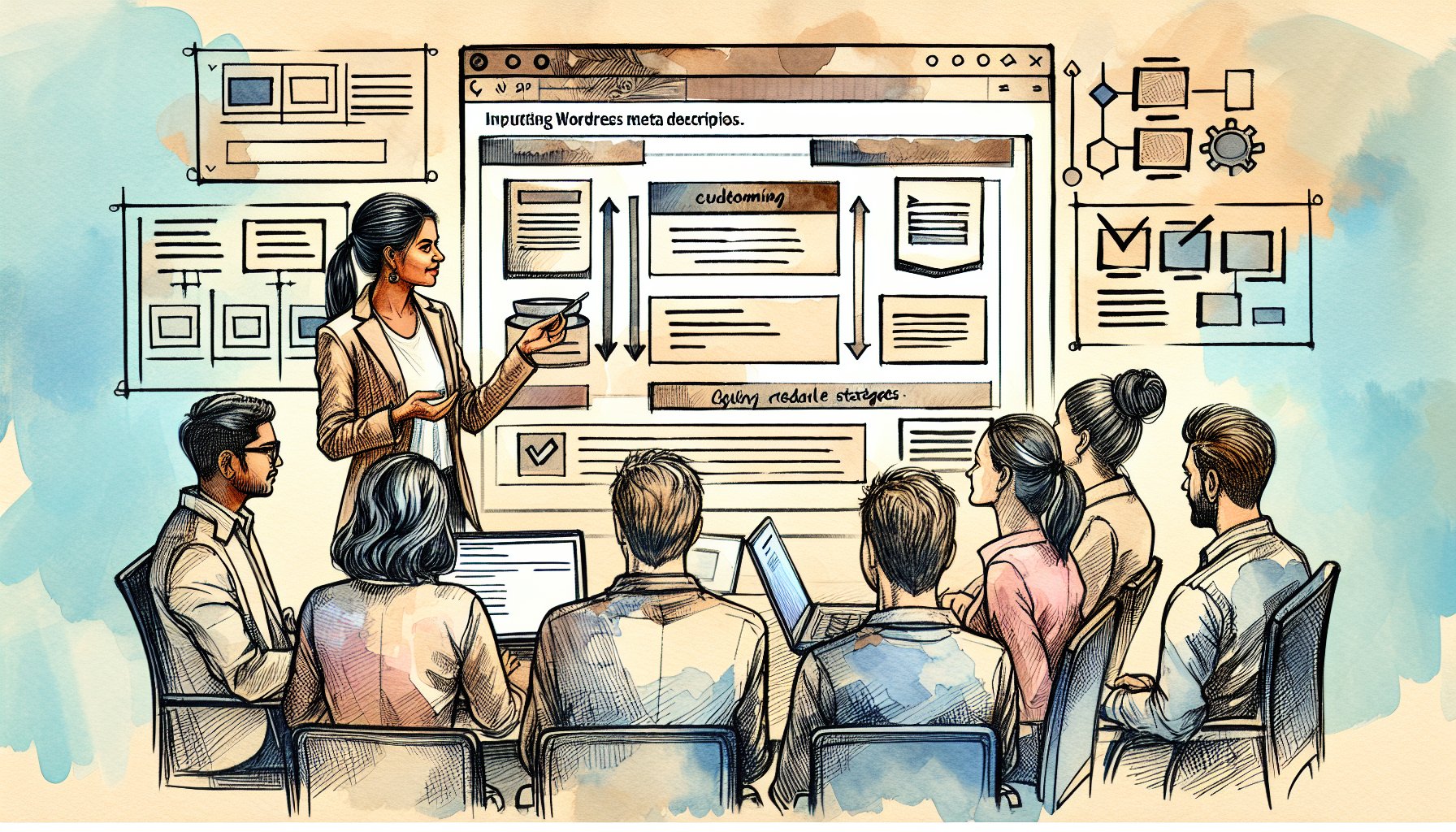 チームでWP メタディスクリプション 入力場所を共有し、チェックリストで運用ルールを確認する様子