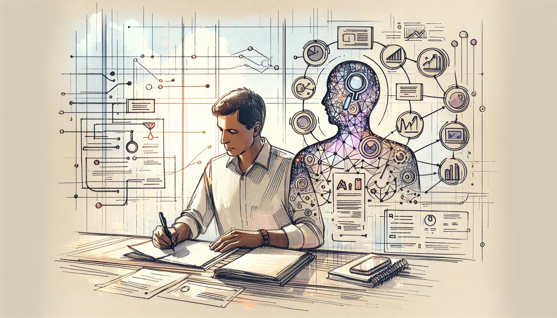 AI と人間の共同執筆によるSEOコンテンツ制作の理想的な距離感と協働イメージ