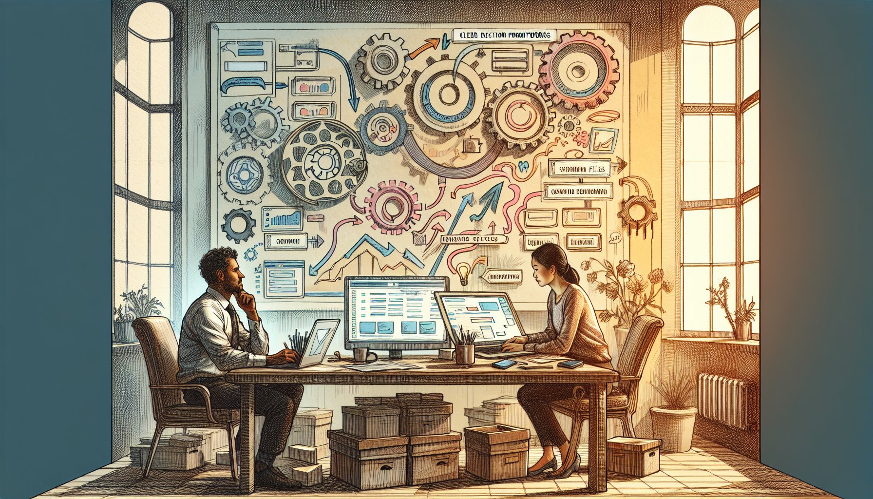 WordPress アップデート 失敗 復旧を軸に、混乱から整理された復旧プロセスへ進む様子のイラスト