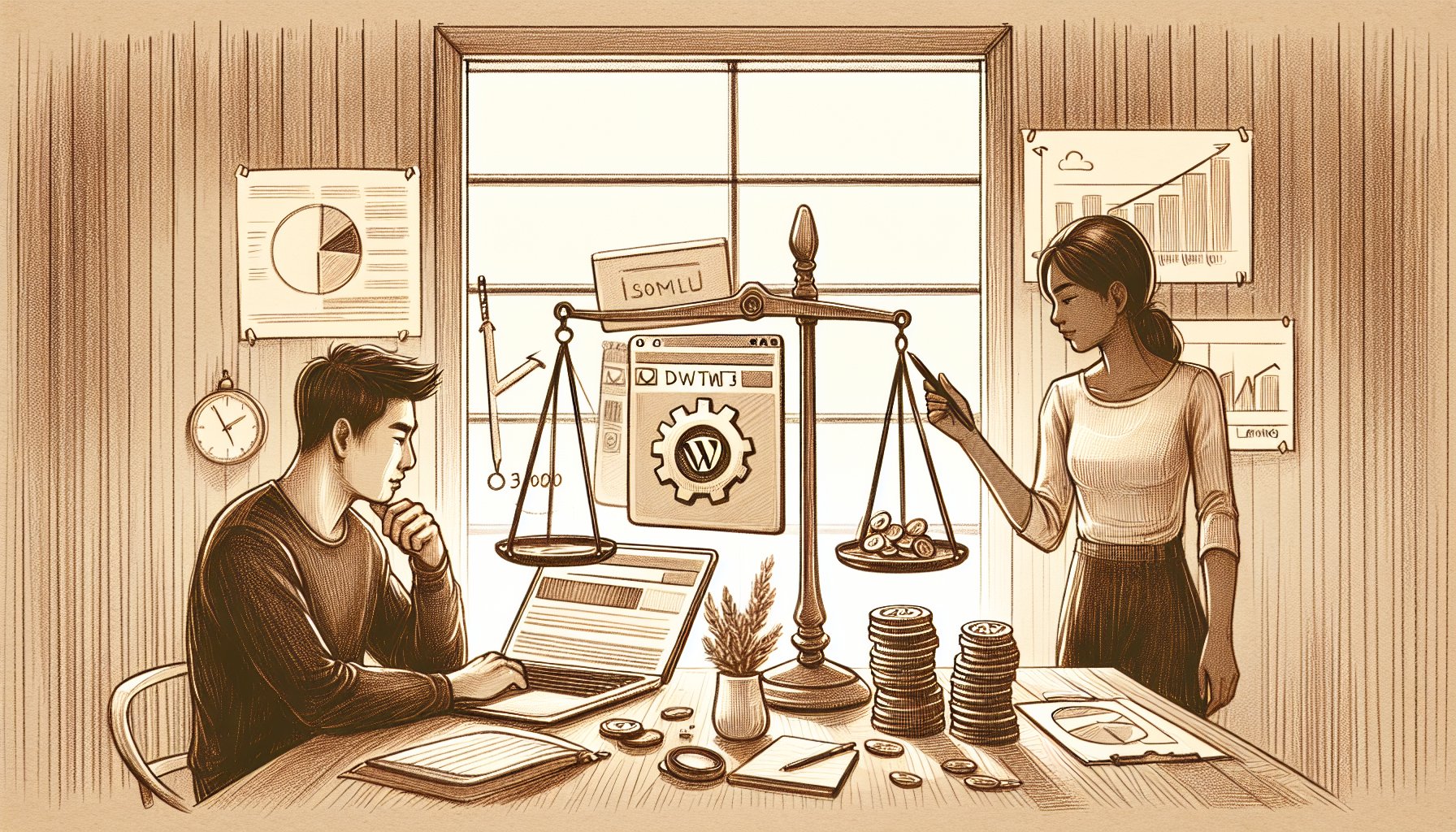 WordPress アップデート 失敗 復旧をビジネス視点で考える落ち着いた作業デスクと天秤のイラスト