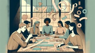 会議室で大きな紙を前に制約に対応する社員たち, プロンプト 長文 制限を象徴