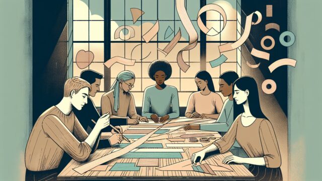 会議室で大きな紙を前に制約に対応する社員たち, プロンプト 長文 制限を象徴