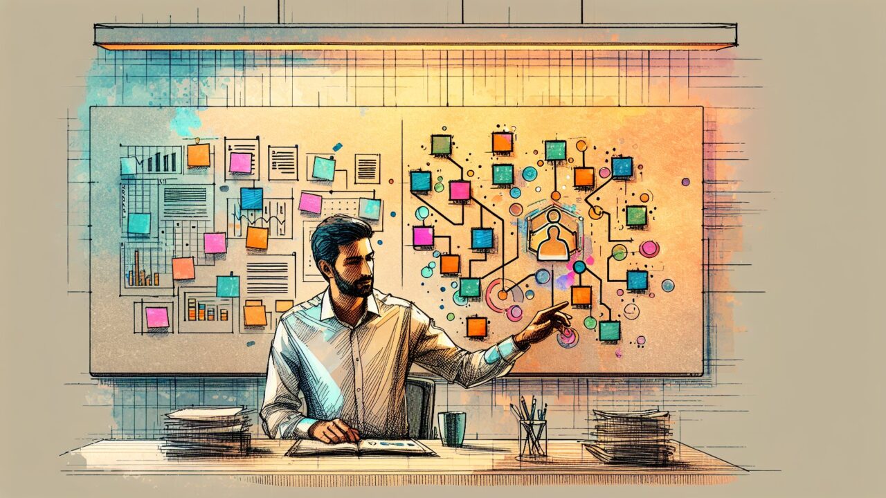 落ち着いたオフィスで人が目的と文脈を整理しつつAI 構成案 作成に協働する様子