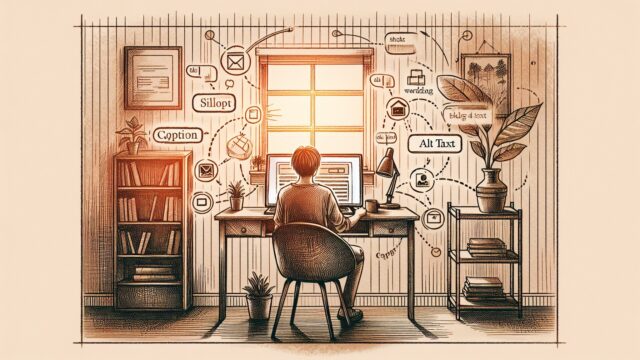 WP 画像 キャプション SEOを意識したブログ編集画面と落ち着いた作業机のイラスト