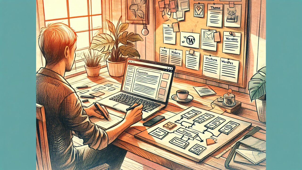 WordPress 執筆 スピードアップのため、事前にテーマや構成とゴールを整理する作業机の様子