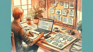 WordPress 執筆 スピードアップのため、事前にテーマや構成とゴールを整理する作業机の様子