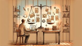 Google AI 記事 評価を象徴的に表した机上の天秤と記事品質の対比