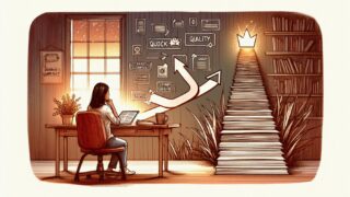 AI 記事 1位 取る方法を考えるデスクワークと近道より良質コンテンツを選ぶ様子