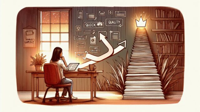 AI 記事 1位 取る方法を考えるデスクワークと近道より良質コンテンツを選ぶ様子