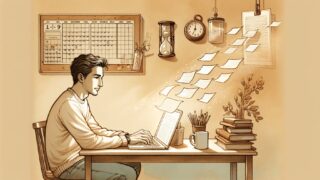 自動投稿 ブログに惹かれる理由を考えるブロガー、時間と投稿頻度のプレッシャーを象徴的に描いたイラスト