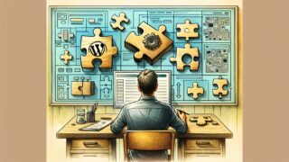 WordPress アップデート 失敗 復旧をイメージしたデスク環境とパズル型要素の手描きイラスト