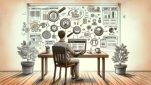 WordPress 収益化 記事構成を練るデスク周り、ブログ画面と収益アイコンが浮かぶイラスト