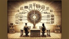 汎用型と特化型のAI ライター 比較を示すワークスペースの手描きイラスト