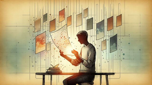 検索意図とAIテキストの限界を示すワークスペース、AI 生成 独自性 出し方の象徴