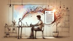 執筆者の隣でAI タイトル 生成が静かに支援し、集中して記事を書く様子