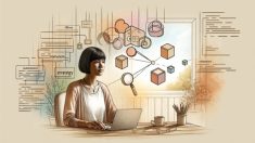 AI 構造化データ 生成と人間のSEO戦略のバランスを考えるワークスペースイラスト