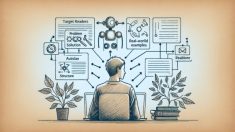 AI ライティング 成功事例 SEOの共通パターン、人とAIが協働し記事構成を整理する様子