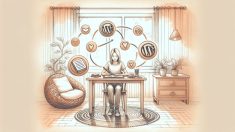 デスクで作業する大人と浮かぶアイコンでWordPress アフィリエイト 始め方の全体像を柔らかく表現