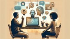 Claude 3 評判 特徴を整理するデスクワークシーン、AI画面を前に議論するビジネスパーソン