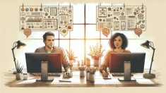 落ち着いたデスクで2人がGoogle Gemini (Bard) 使い方の返信スタイルを比較して整理する様子