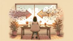 ズラしキーワード 見つけ方を象徴し、曖昧な検索語と成果につながる明確な道を対比した机上シーン