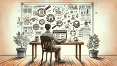 WordPress 収益化 記事構成を練るデスク周り、ブログ画面と収益アイコンが浮かぶイラスト